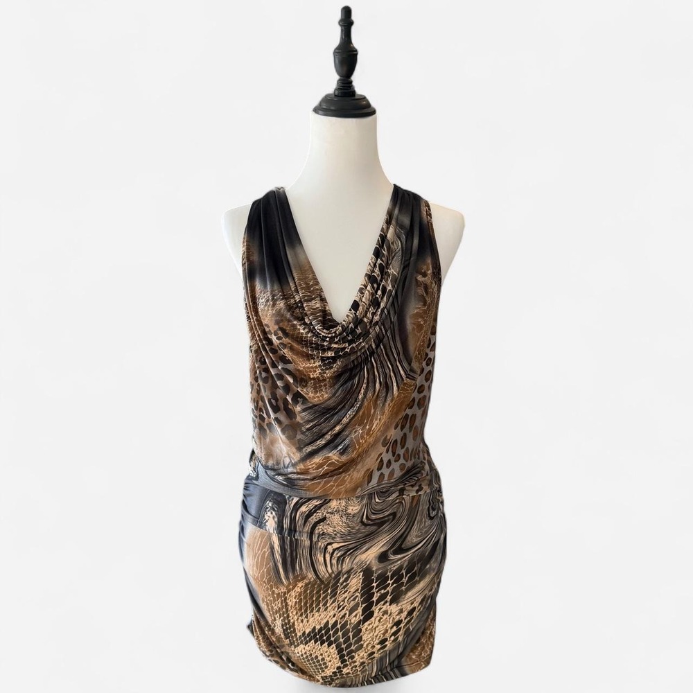 Bananas Monkey Y2K Animal Print Cowl Neck Dress Mini Tunic Brown Large